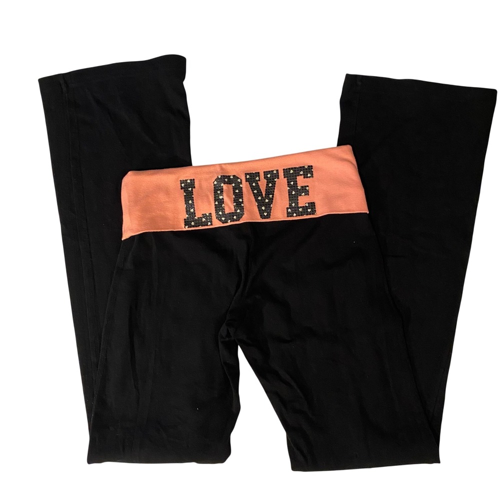 Yoga Pants Black Neon Orange LOVE Size XS Fold Over Low Rise Flare